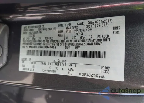 2019 Ford Escape Sel z USA, uszkodzony, nr VIN 1FMCU0HD6KUB47682